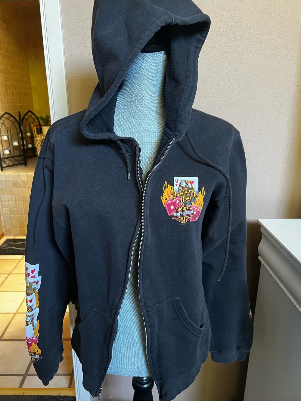 Harley-Davidson Black Zip Hoodie with Colorful Playing Card & Flame Patches